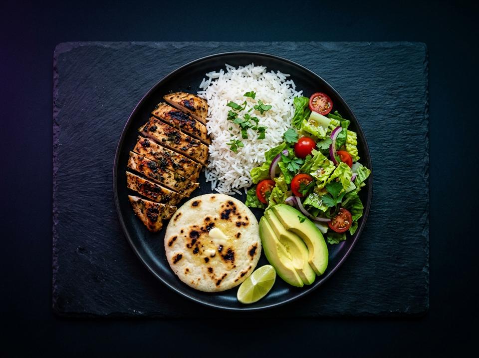 Un plato con pollo a la plancha, arroz, arepa, aguacate y ensalada